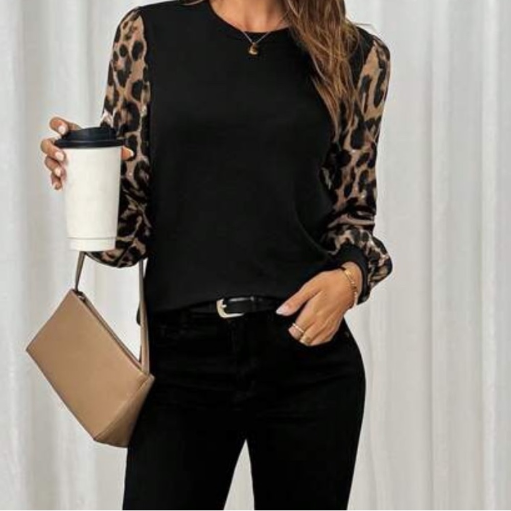 New Leopard Sleeve Black Top - Picture 3 of 5